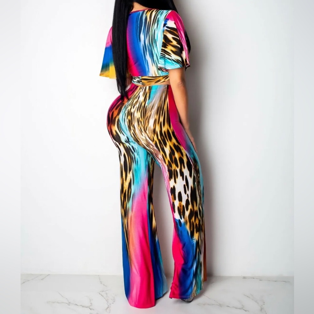 Leopard Print Bright Multi Colored Two Piece Pant… - image 2